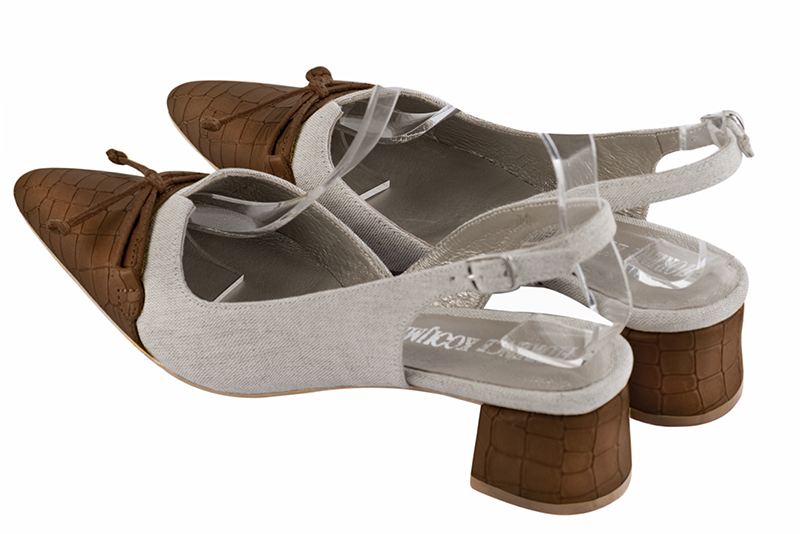 Caramel brown and natural beige women's open back shoes, with a knot. Tapered toe. Low flare heels. Rear view - Florence KOOIJMAN